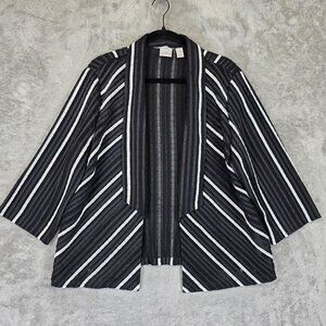 Chicos Collection Jacket Womens L Black White Striped Open Front Kimono Cardigan